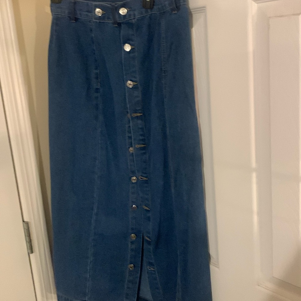 Long-length denim skirt.